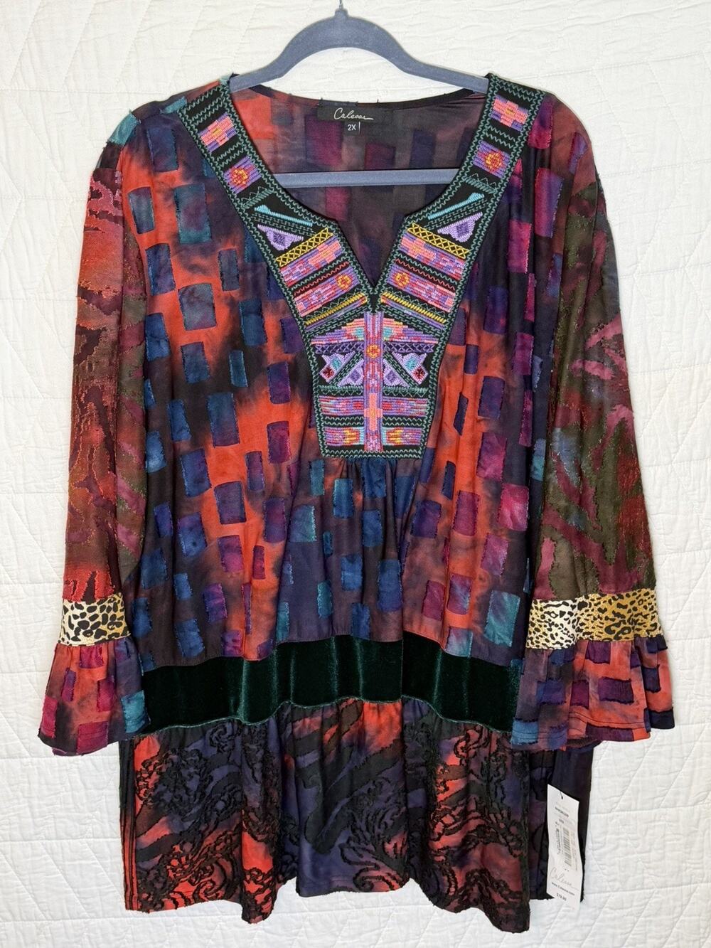 Calessa tunic top NWT Embroidered Velvet Women Plus 2X Blue Hippie Bohemian